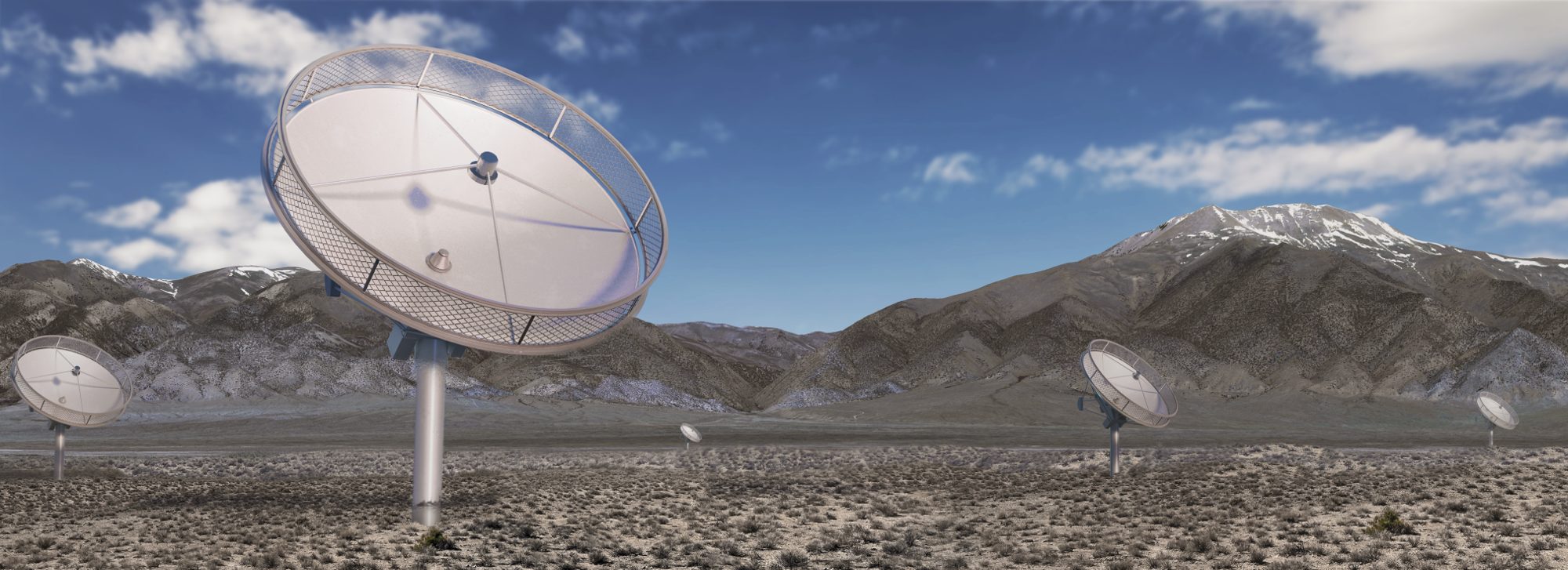 Rendering of DSA antennas on a sagebrush valley floor, with snow-capped mountains behind